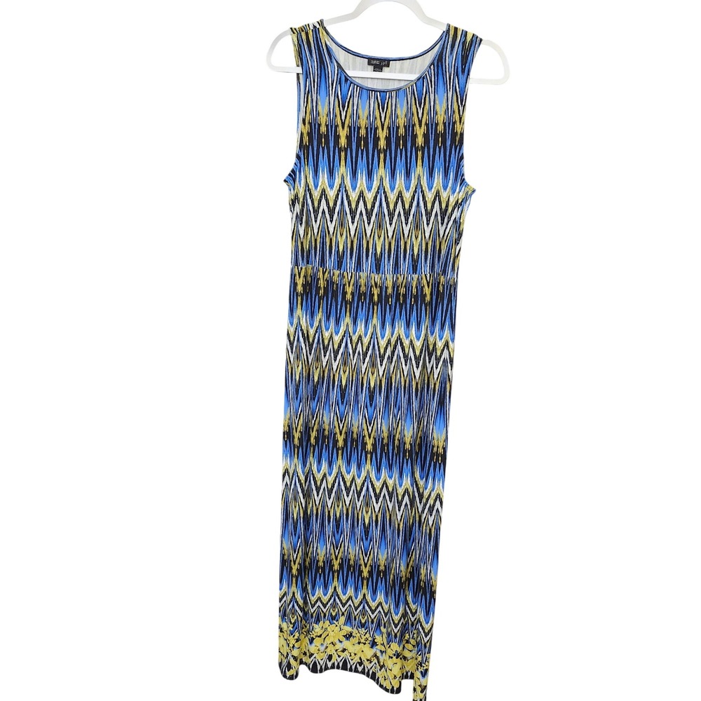 J. Jill Wearever Blue Yellow Chevron Ikat Floral Maxi Dress Stetchy Medium Tall